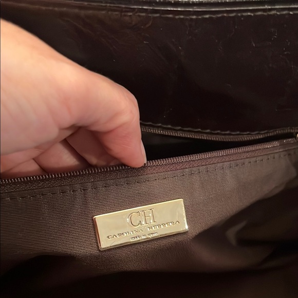 Carolina Herrera chocolate Brown Leather Bag monogram purse tote - Picture 4 of 10